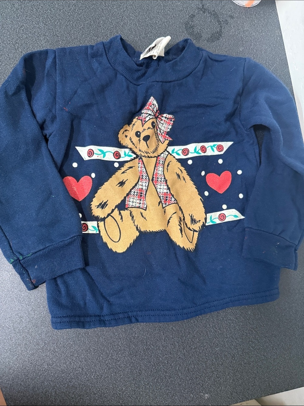 Navy Kids Teddy Bear Graphic Sweatshirt with Heart Accents 1990’s
